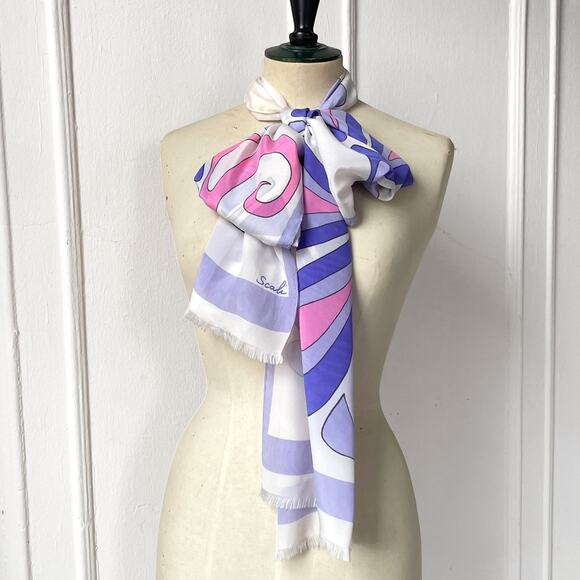 VTG Deco Abstract Floral Rectangle Silk Scarf 70s Signed Scali Pink Raw Edge - Picture 2 of 6